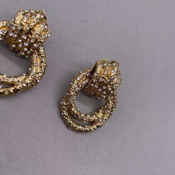 Geometric Twist Knot Design Rhinestone Crystal Embellished Earrings Gold Tone - Picture 4 of 6